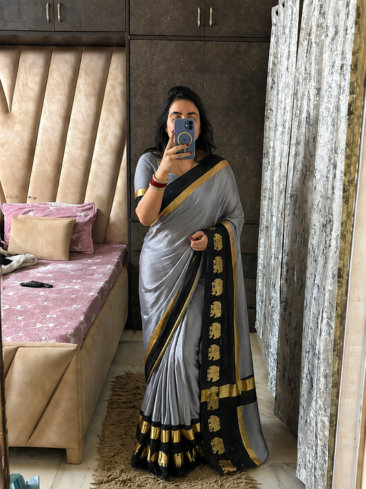 Grey & Black  Soft Cotton Silk Emerald Bloom Saree For Women With Running Blouse